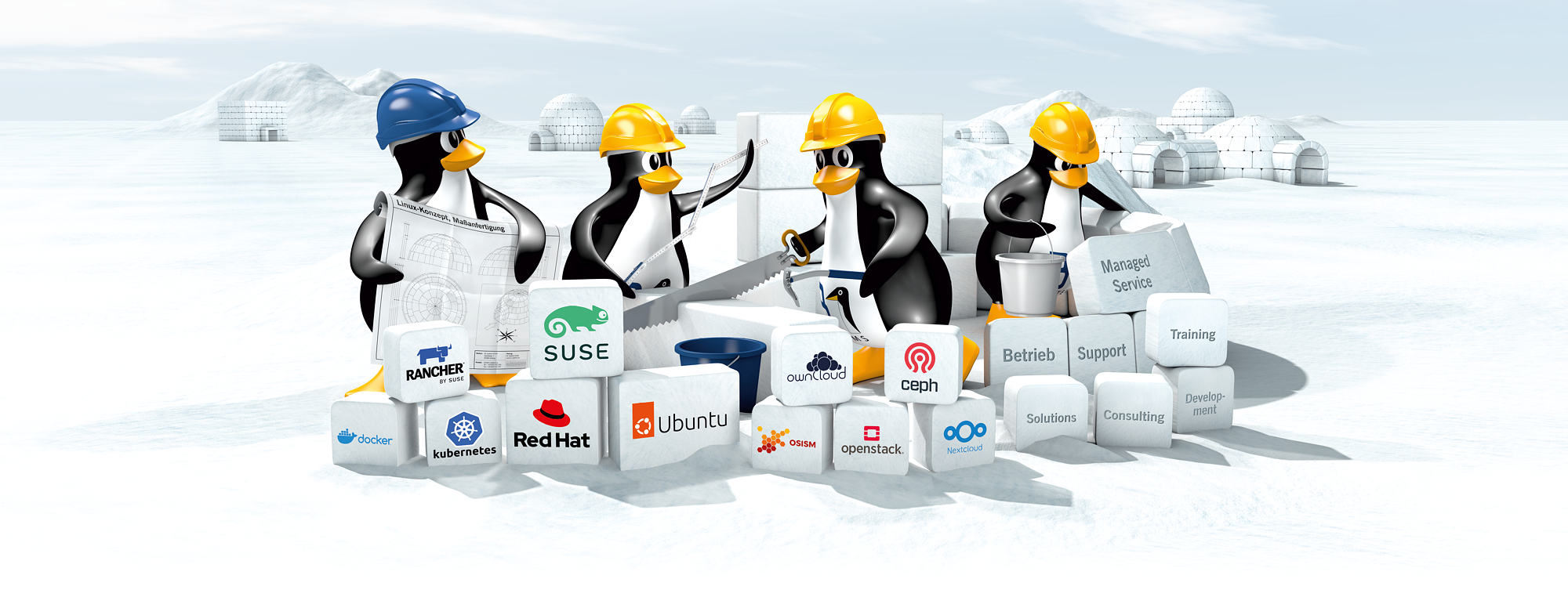 Vier im Cartoon Style gerenderte Pinguine mit diversen Werkzeugen und Bauarbeiterhelmen bauen aus einzelnen Eisblöcken ein Iglu auf. Logos von Open Source Technologien und Unternehmen sind auf den Eisblöcken abgebildet. Im Hintergrund stehen schon fertig aufgebaute Iglus in unterschiedlichen Formen und Größen.